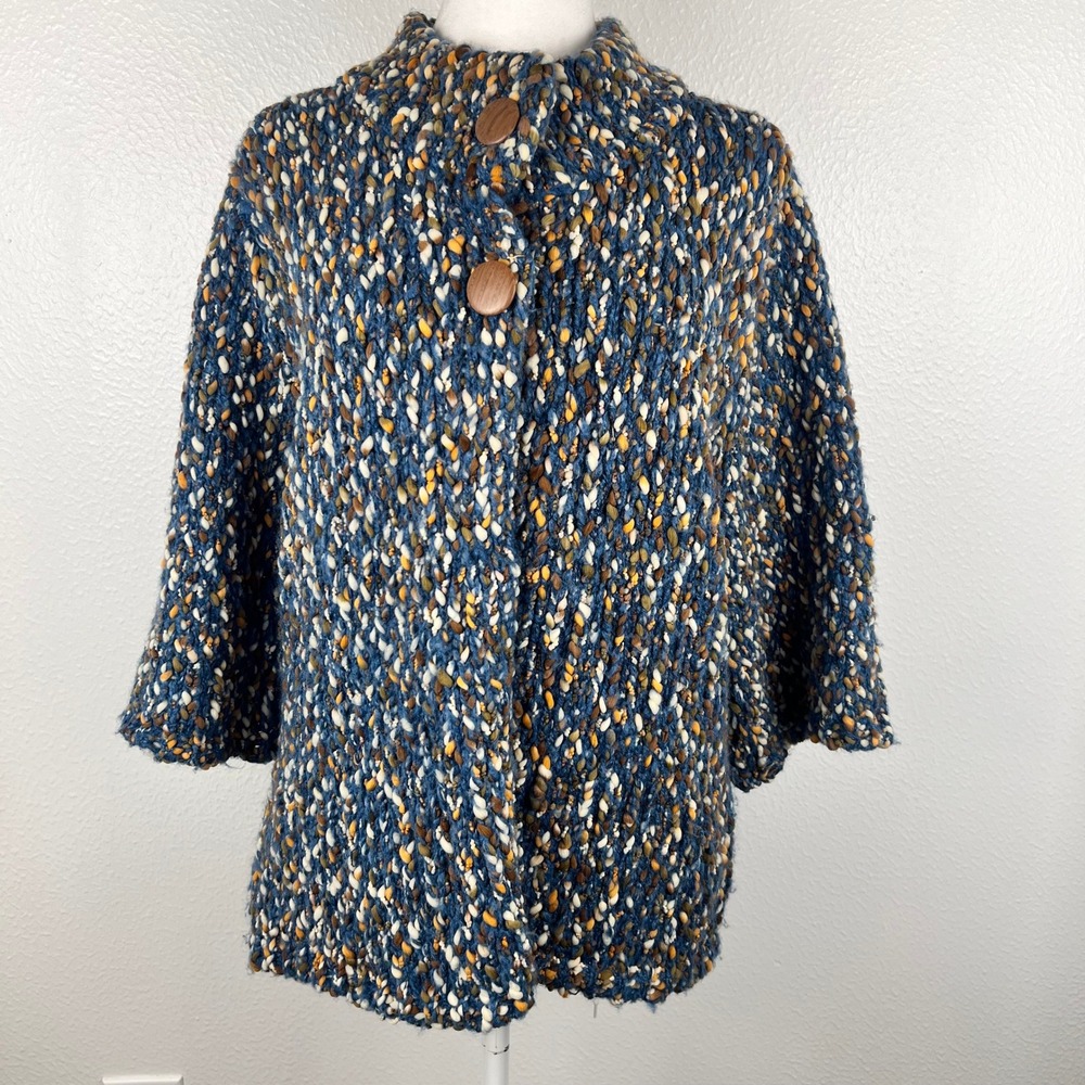 Liz Claiborne Chunky Knit Button Sweater Large Earthy Blue Lagenlook Yarn Fall